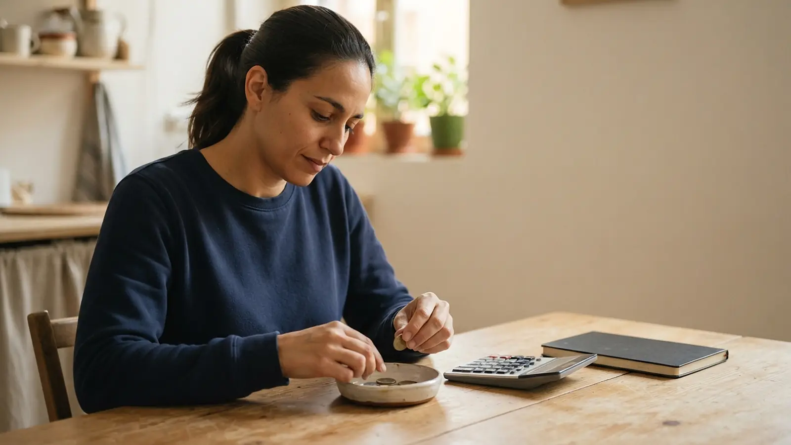 A woman counts coins at the kitchen table next to a calculator