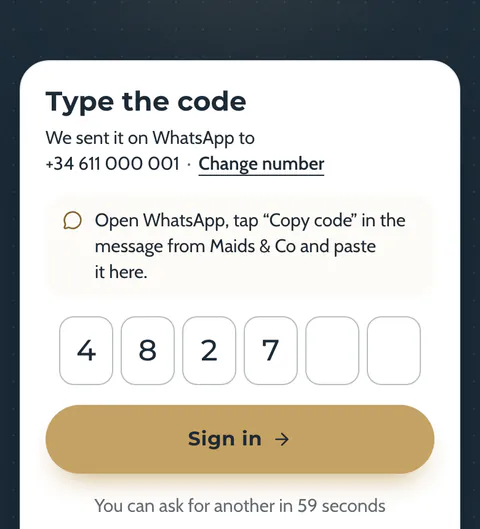 “Type the code” screen in My account: six boxes for the code you get on WhatsApp and the “Sign in” button.