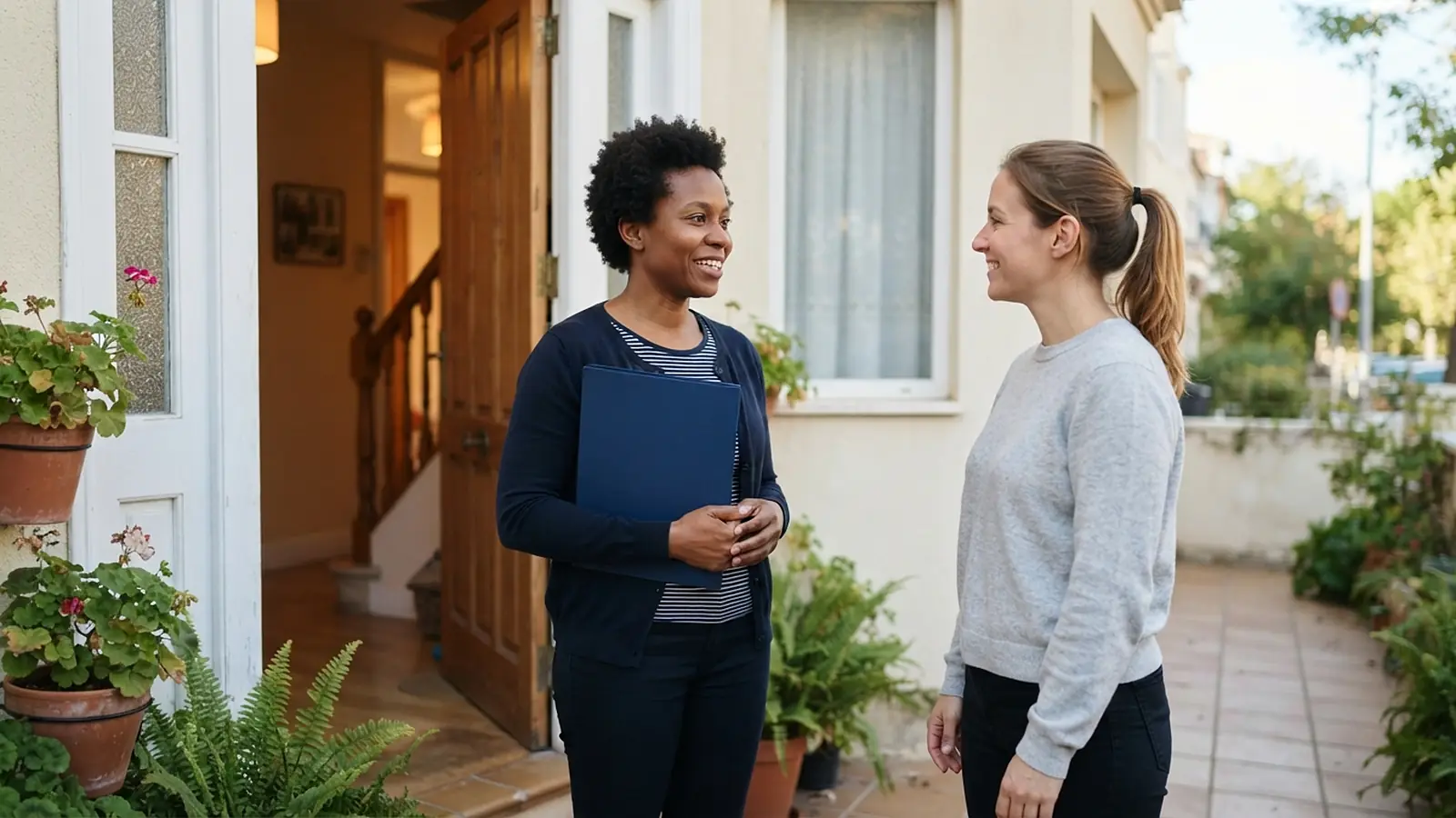 Two domestic workers talk at the front door of a house