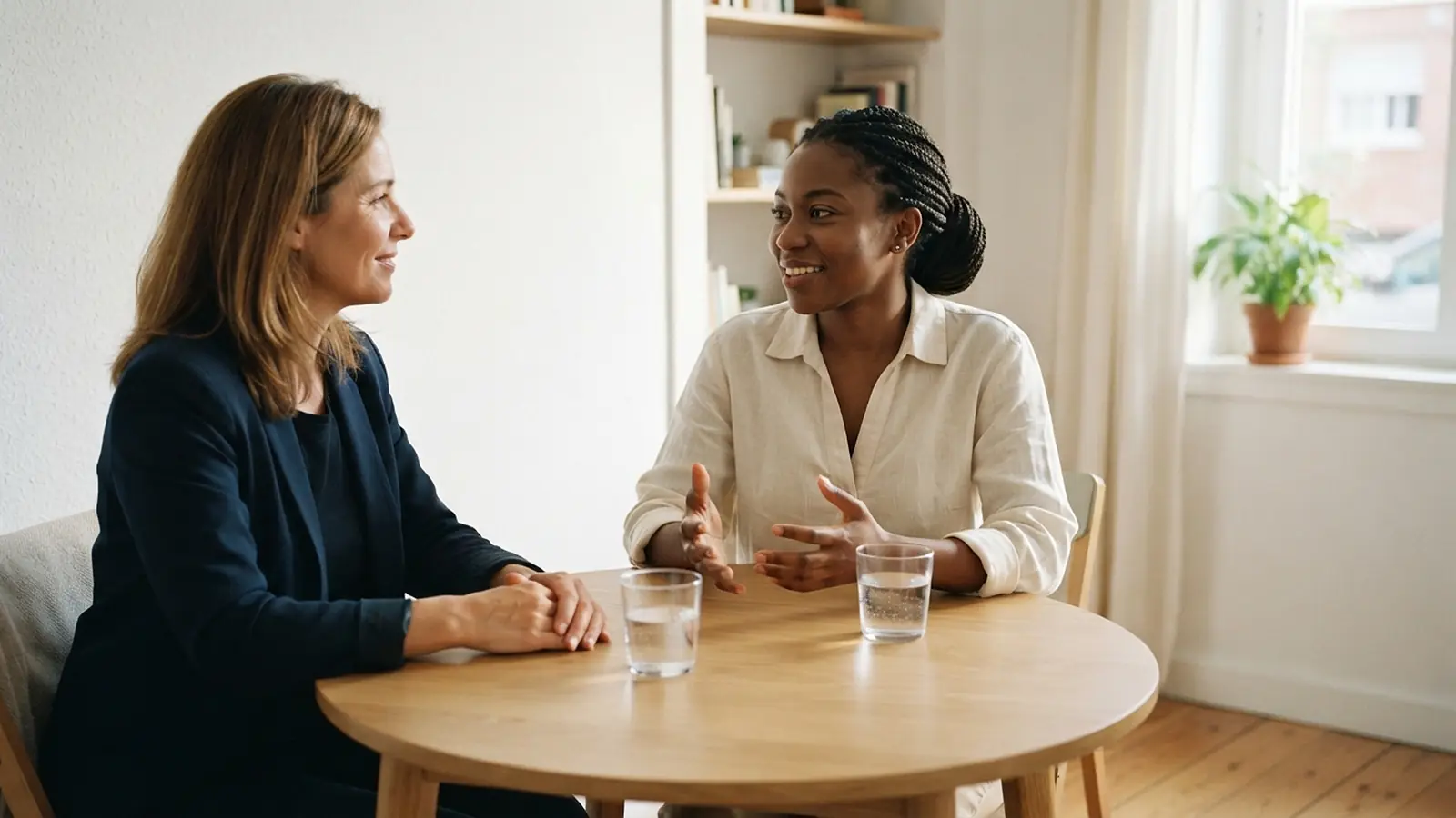 A job interview in a small, bright office